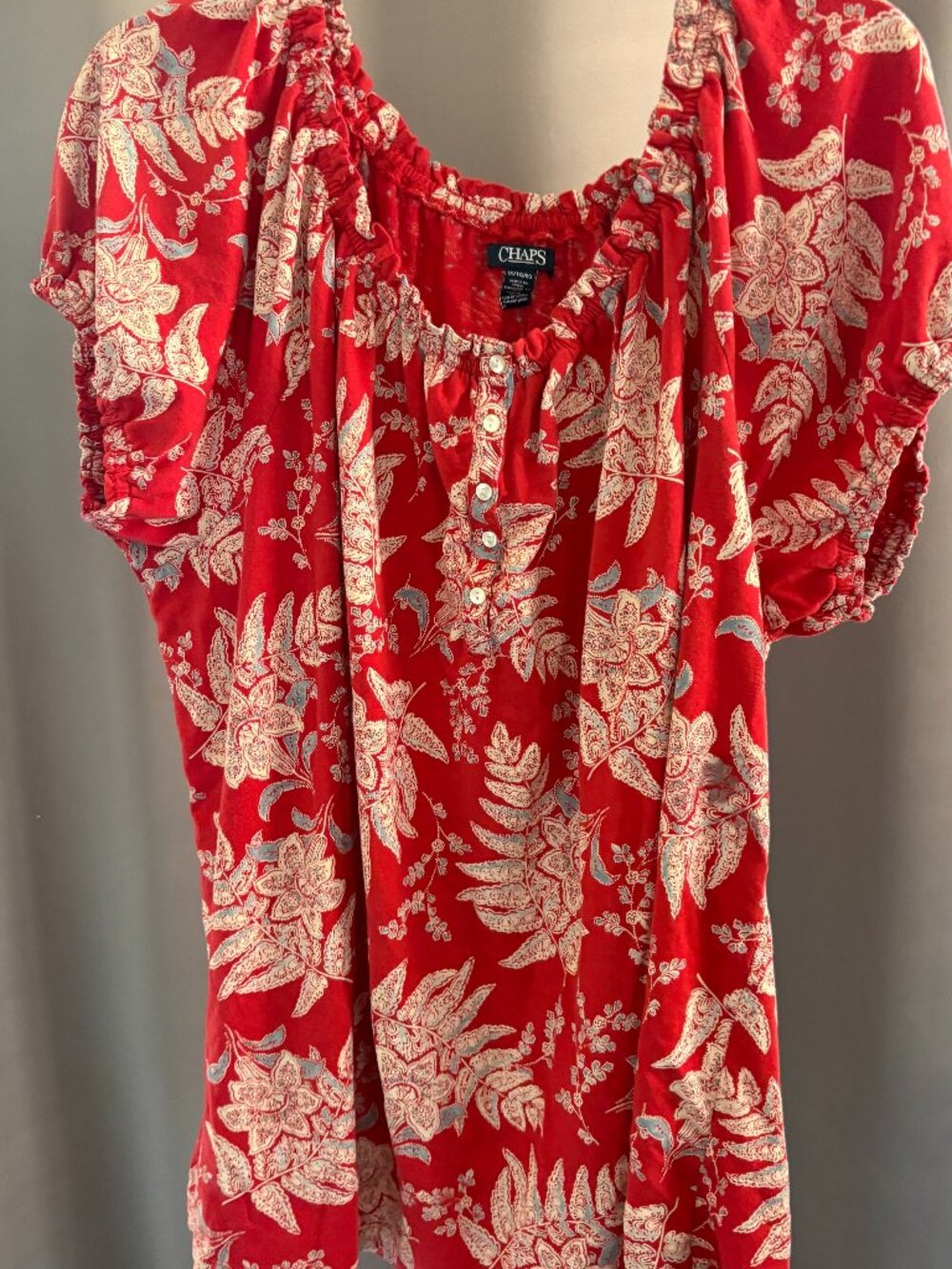Chaps Red Paisley Floral Peasant Blouse Button Henley Puff Sleeve Top Plus 1X